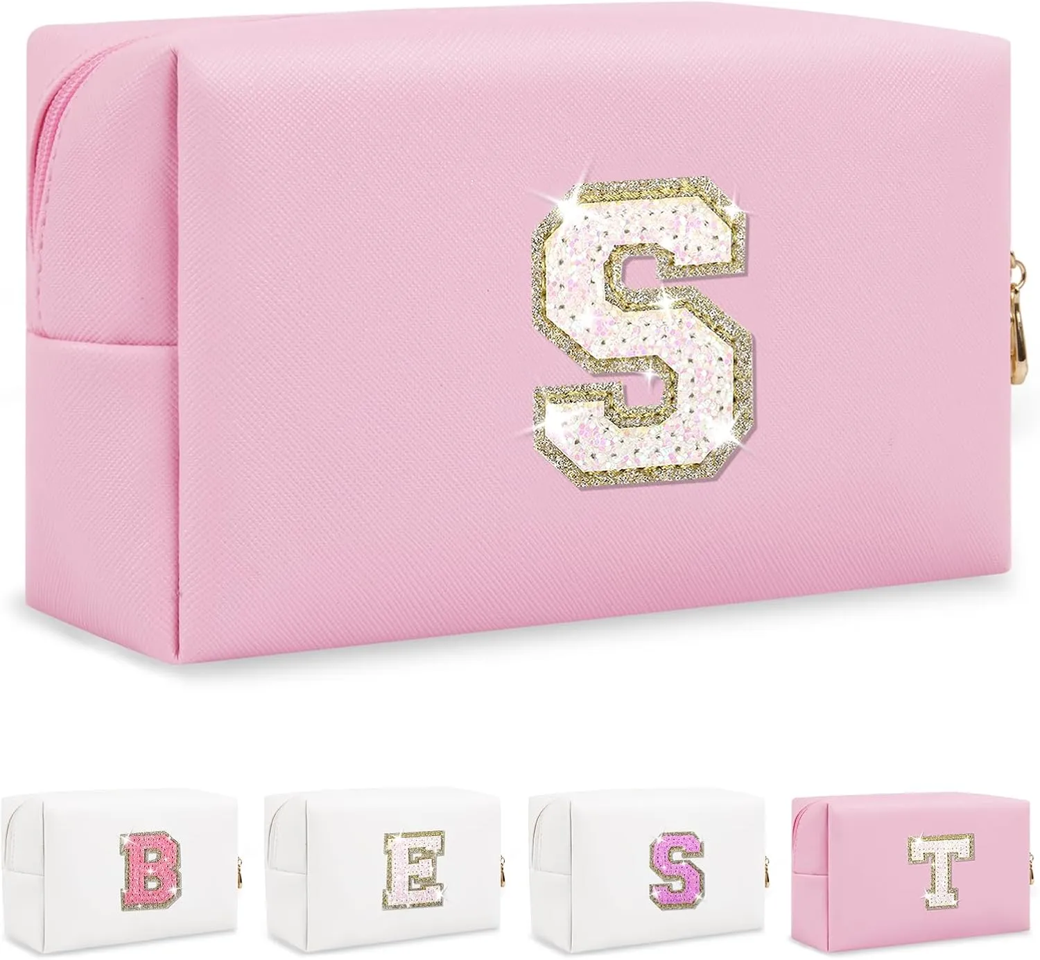 Small Personalized Initial A-Z Makeup Bag, Preppy Cute Pink PU Leather Glitter Letter Cosmetic Zipper Pouch, Waterproof Travel Toiletry Storage Monogram Make Up Bag Mother's Day Gift for Women Girls,S