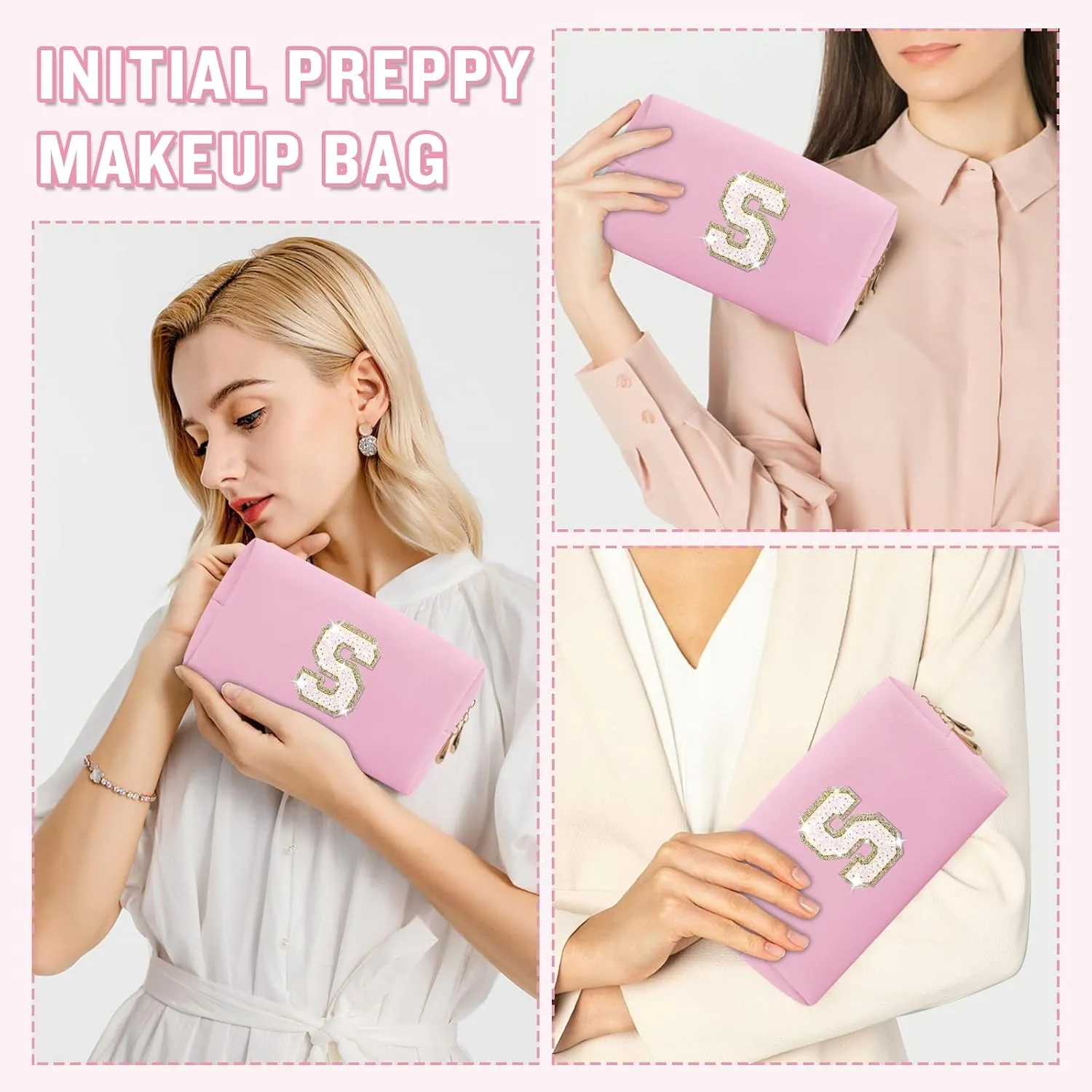 Small Personalized Initial A-Z Makeup Bag, Preppy Cute Pink PU Leather Glitter Letter Cosmetic Zipper Pouch, Waterproof Travel Toiletry Storage Monogram Make Up Bag Mother's Day Gift for Women Girls,S