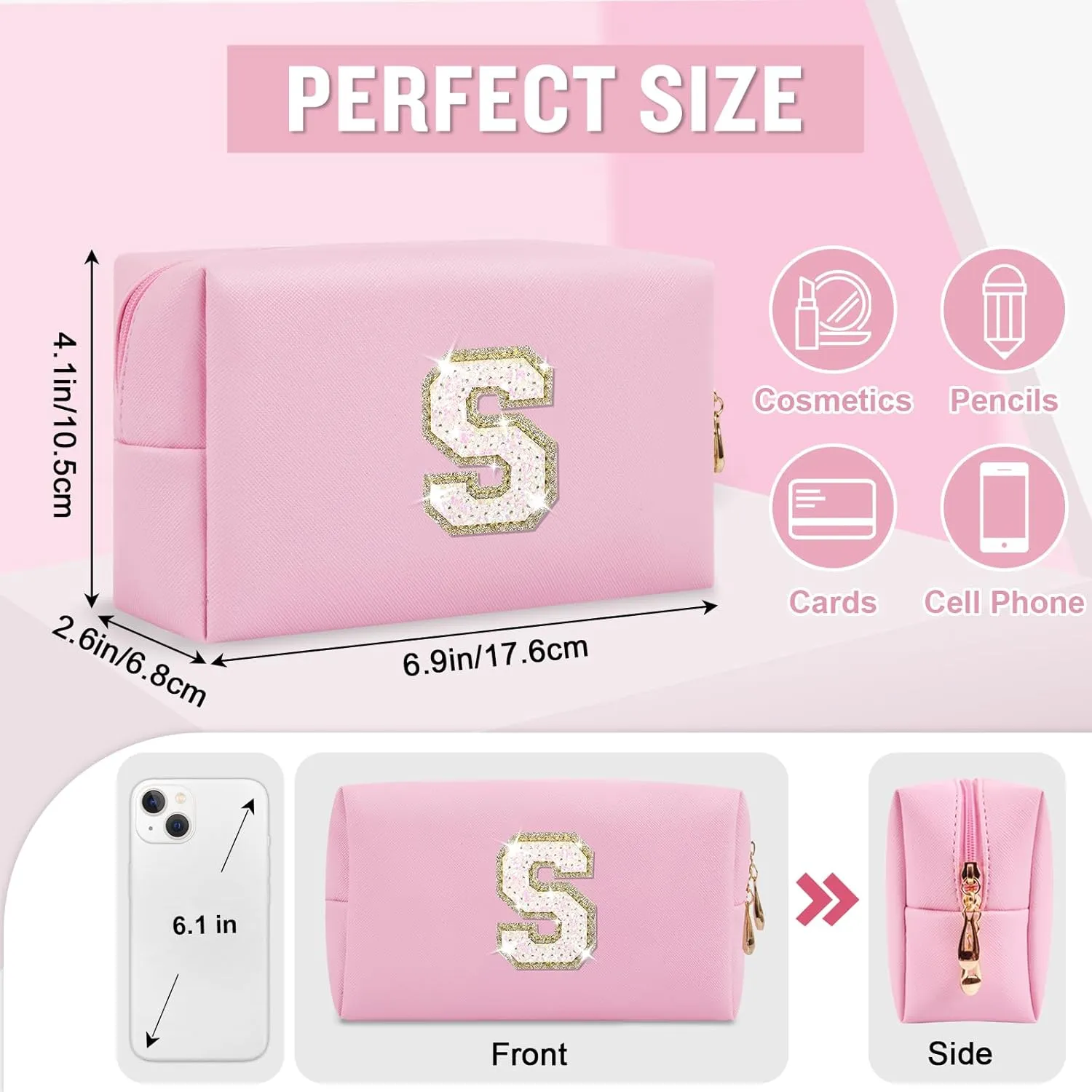 Small Personalized Initial A-Z Makeup Bag, Preppy Cute Pink PU Leather Glitter Letter Cosmetic Zipper Pouch, Waterproof Travel Toiletry Storage Monogram Make Up Bag Mother's Day Gift for Women Girls,S