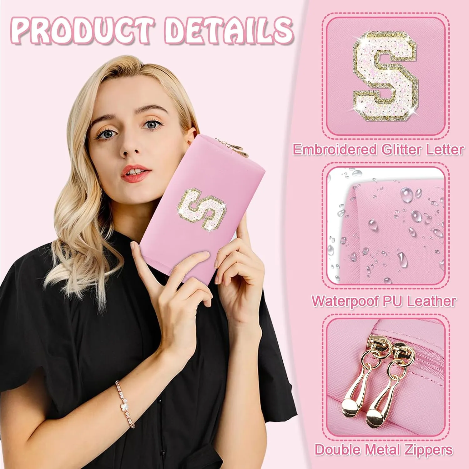 Small Personalized Initial A-Z Makeup Bag, Preppy Cute Pink PU Leather Glitter Letter Cosmetic Zipper Pouch, Waterproof Travel Toiletry Storage Monogram Make Up Bag Mother's Day Gift for Women Girls,S