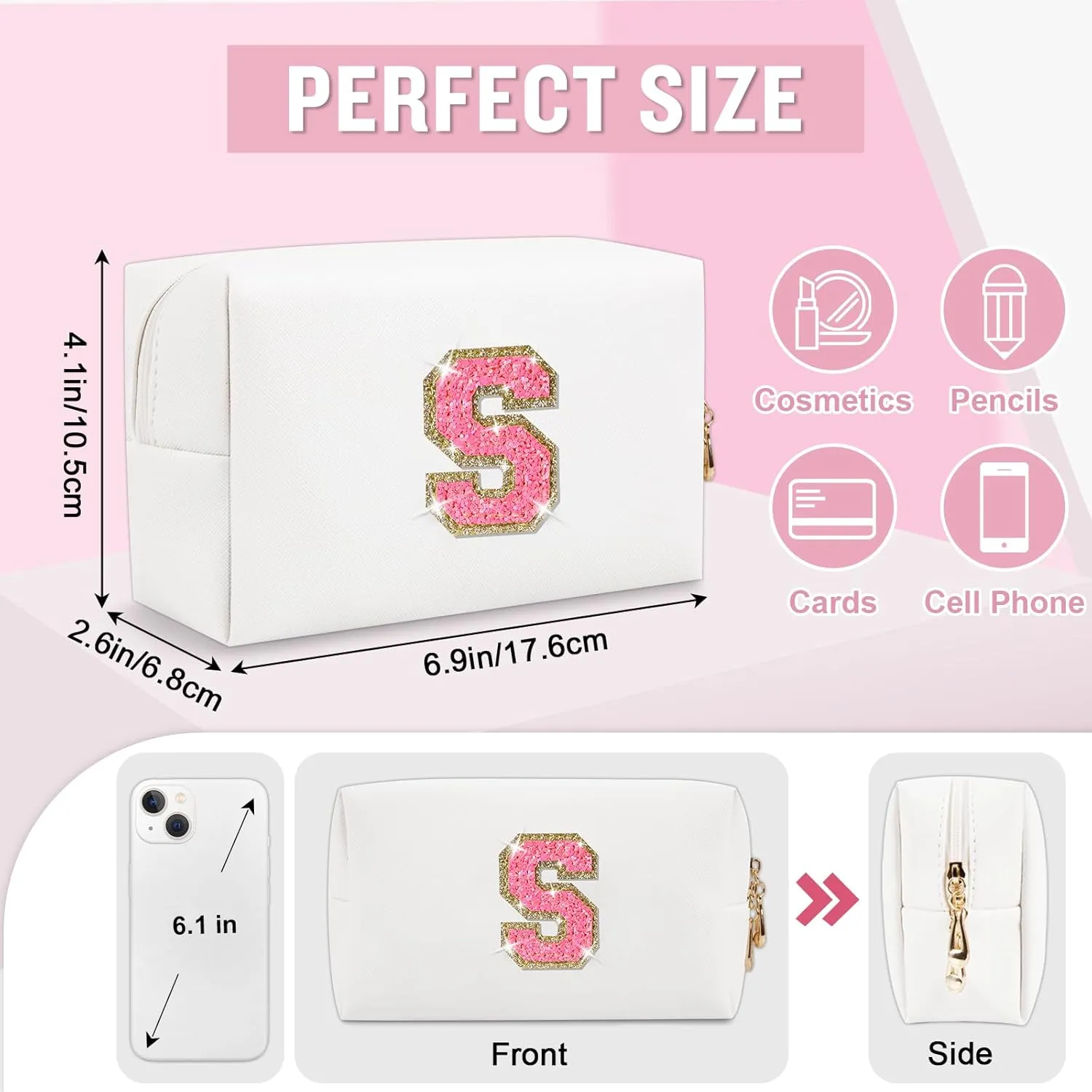 Small Personalized Initial A-Z Makeup Bag, Preppy Cute Pink PU Leather Glitter Letter Cosmetic Zipper Pouch, Waterproof Travel Toiletry Storage Monogram Make Up Bag Mother's Day Gift for Women Girls,S