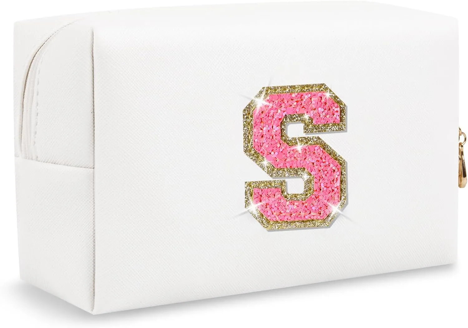 Small Personalized Initial A-Z Makeup Bag, Preppy Cute Pink PU Leather Glitter Letter Cosmetic Zipper Pouch, Waterproof Travel Toiletry Storage Monogram Make Up Bag Mother's Day Gift for Women Girls,S