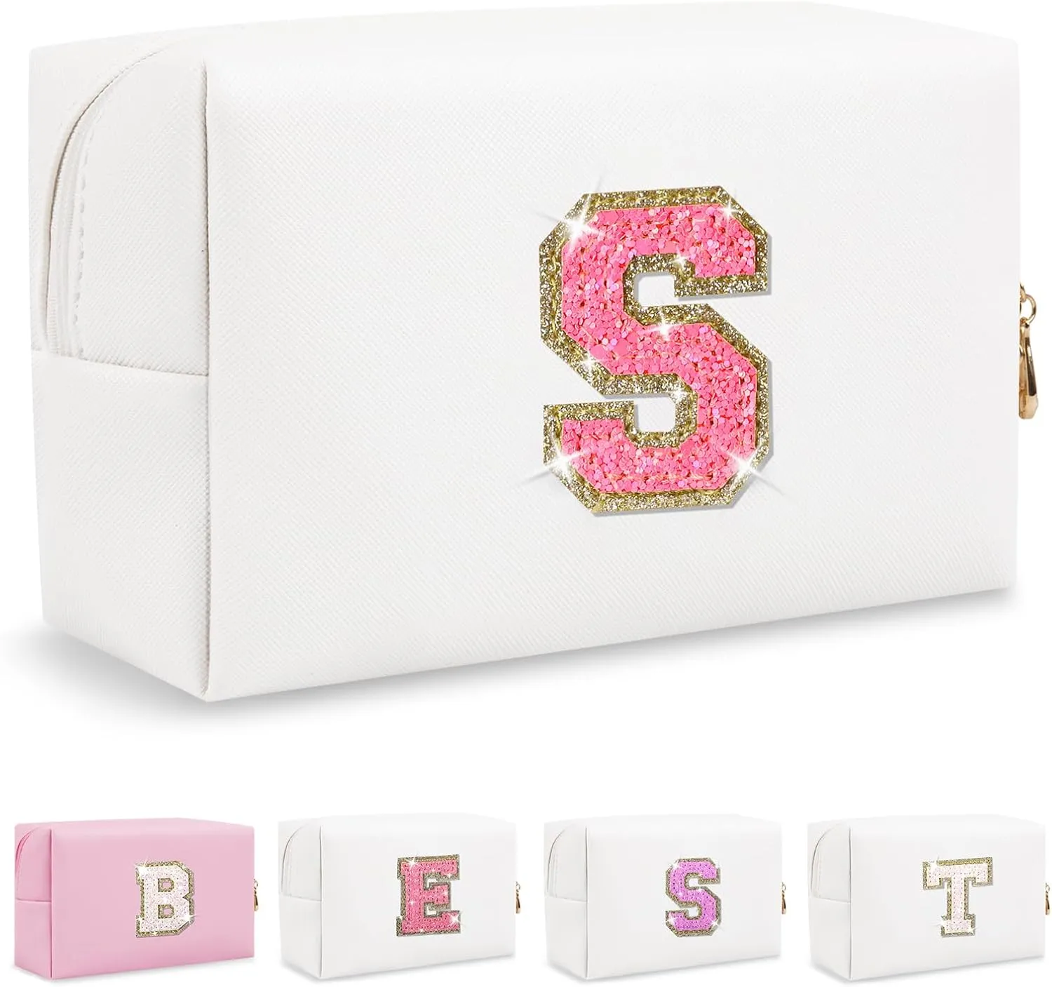 Small Personalized Initial A-Z Makeup Bag, Preppy Cute Pink PU Leather Glitter Letter Cosmetic Zipper Pouch, Waterproof Travel Toiletry Storage Monogram Make Up Bag Mother's Day Gift for Women Girls,S