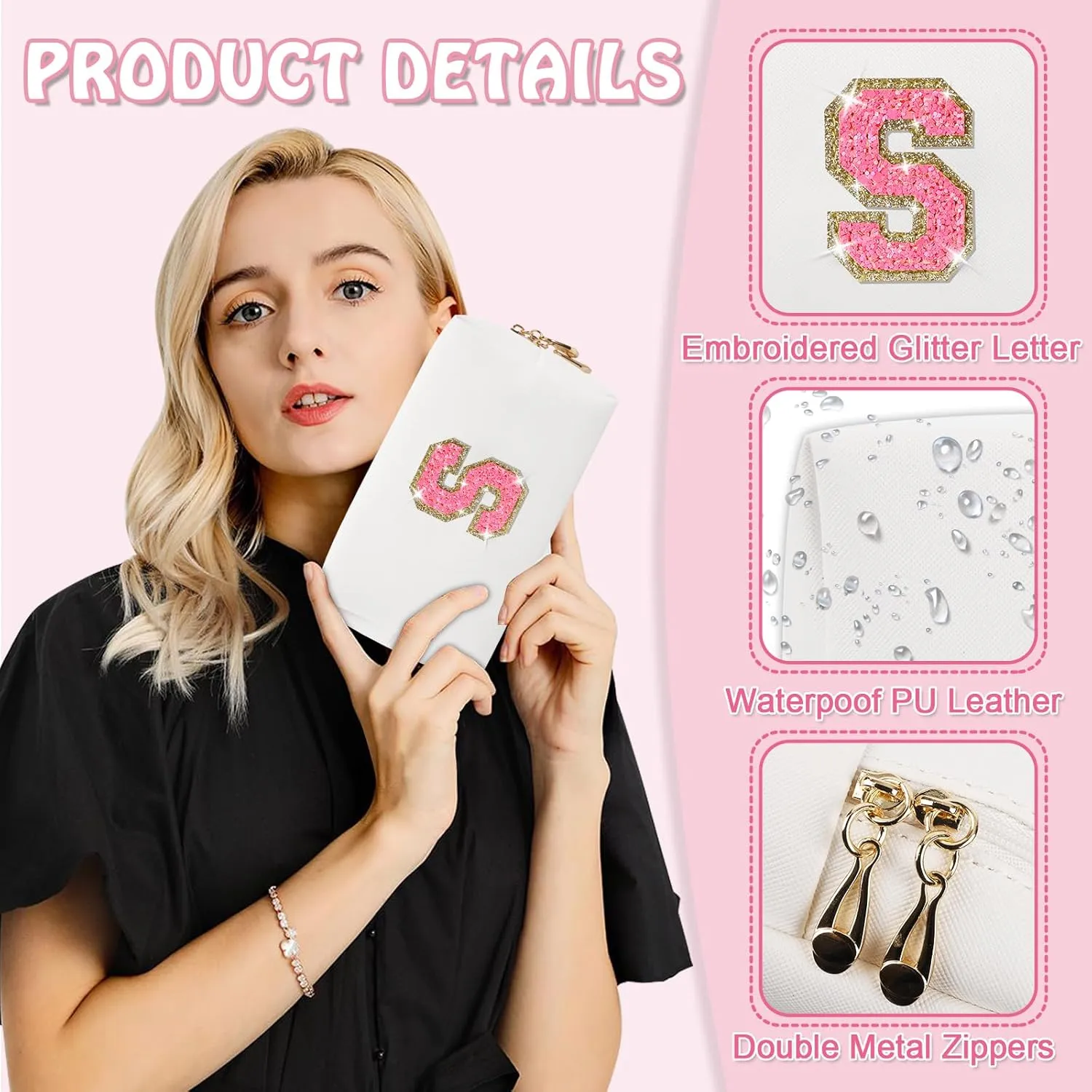 Small Personalized Initial A-Z Makeup Bag, Preppy Cute Pink PU Leather Glitter Letter Cosmetic Zipper Pouch, Waterproof Travel Toiletry Storage Monogram Make Up Bag Mother's Day Gift for Women Girls,S