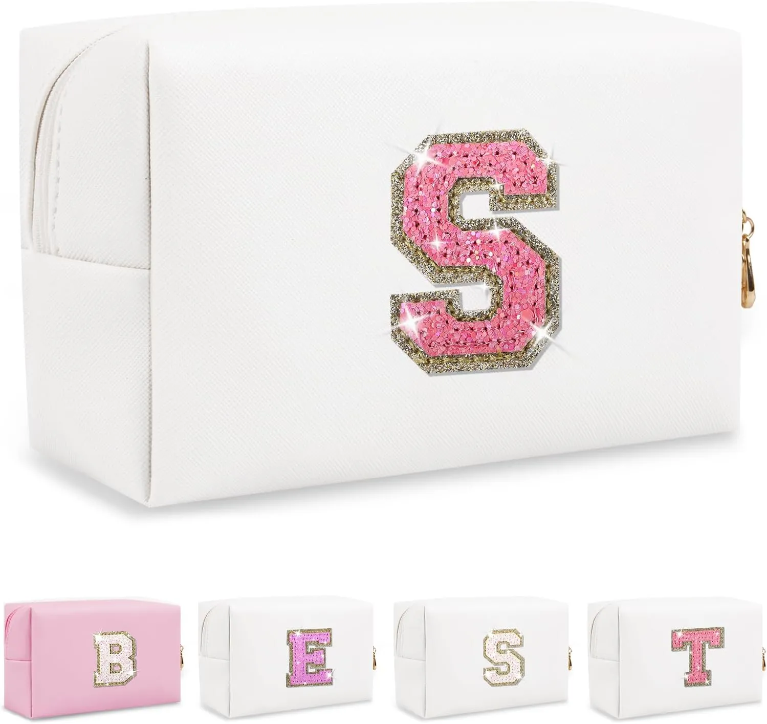 Small Personalized Initial A-Z Makeup Bag, Preppy Cute White PU Leather Glitter Letter Cosmetic Zipper Pouch, Waterproof Travel Toiletry Storage Monogram Make Up Bag Mother's Day Gift for Women Girl,S