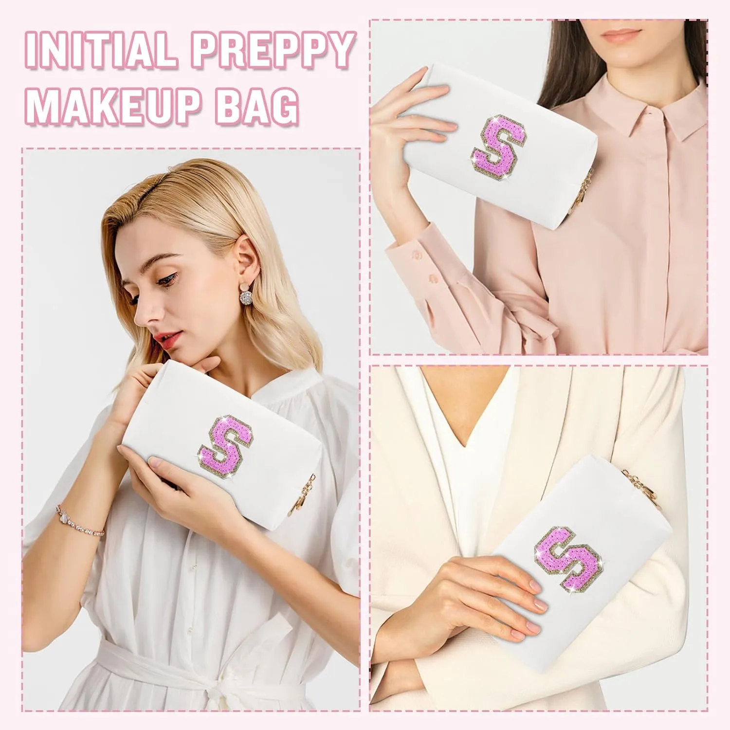 Small Personalized Initial A-Z Makeup Bag, Preppy Cute White PU Leather Glitter Letter Cosmetic Zipper Pouch, Waterproof Travel Toiletry Storage Monogram Make Up Bag Mother's Day Gift for Women Girl,S