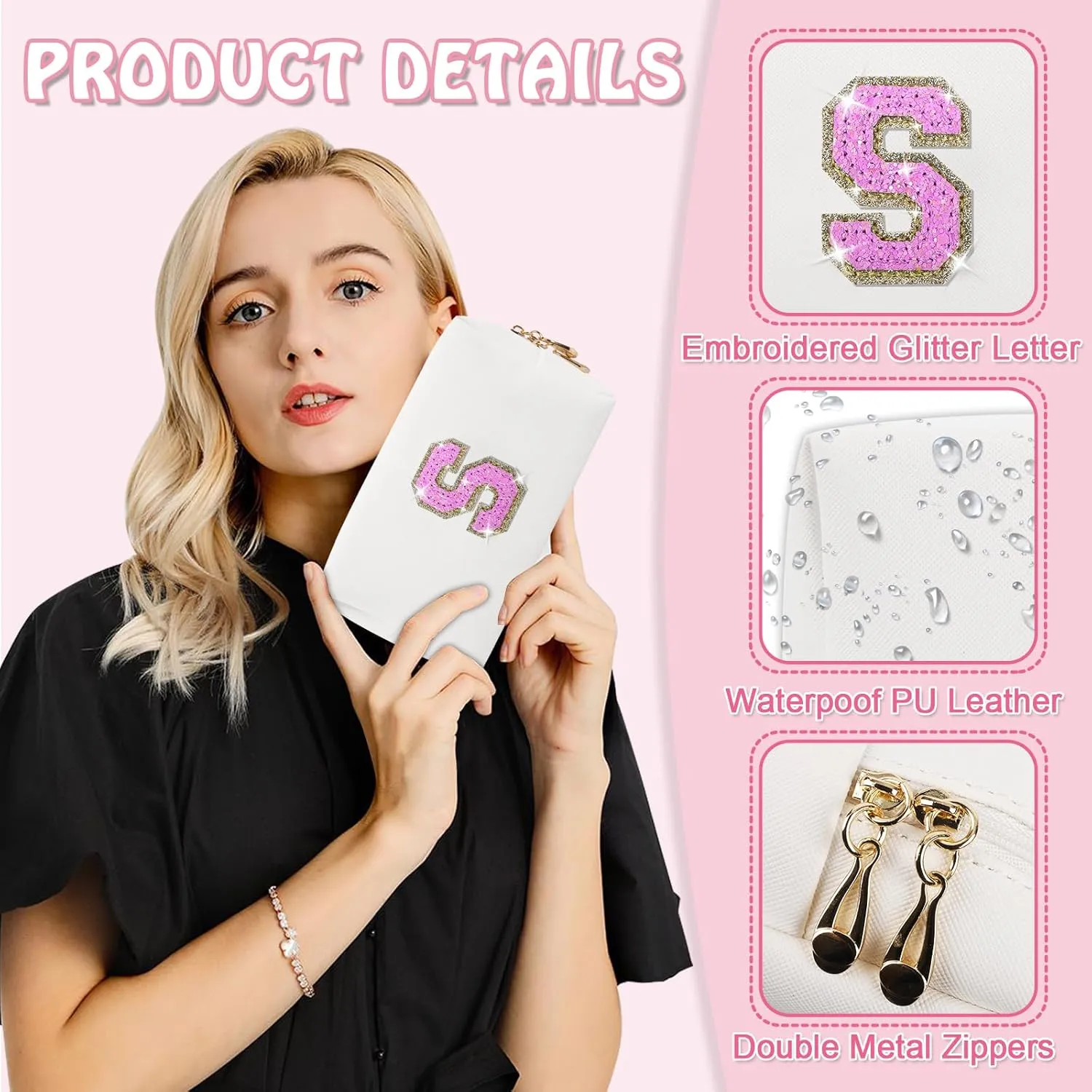 Small Personalized Initial A-Z Makeup Bag, Preppy Cute White PU Leather Glitter Letter Cosmetic Zipper Pouch, Waterproof Travel Toiletry Storage Monogram Make Up Bag Mother's Day Gift for Women Girl,S