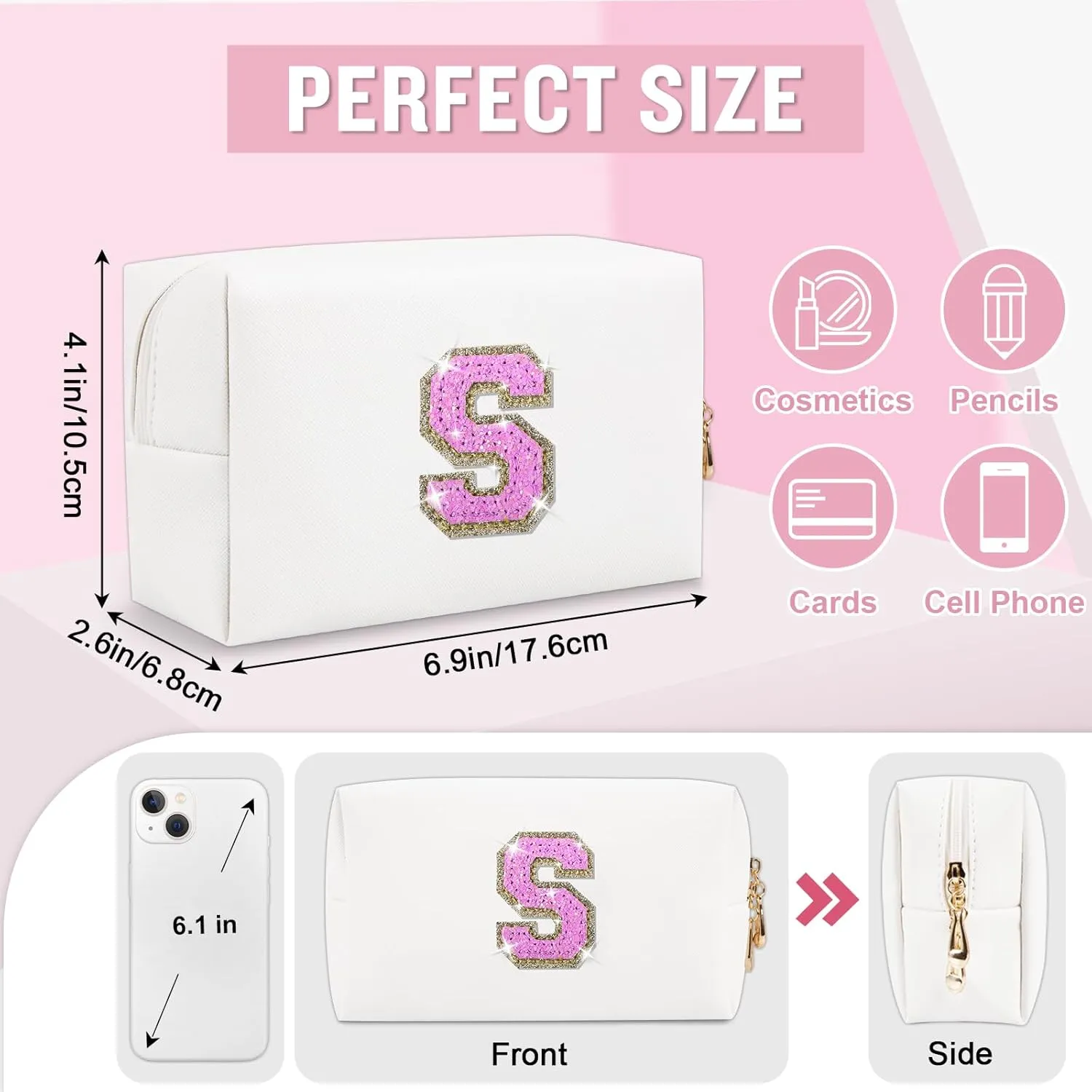 Small Personalized Initial A-Z Makeup Bag, Preppy Cute White PU Leather Glitter Letter Cosmetic Zipper Pouch, Waterproof Travel Toiletry Storage Monogram Make Up Bag Mother's Day Gift for Women Girl,S