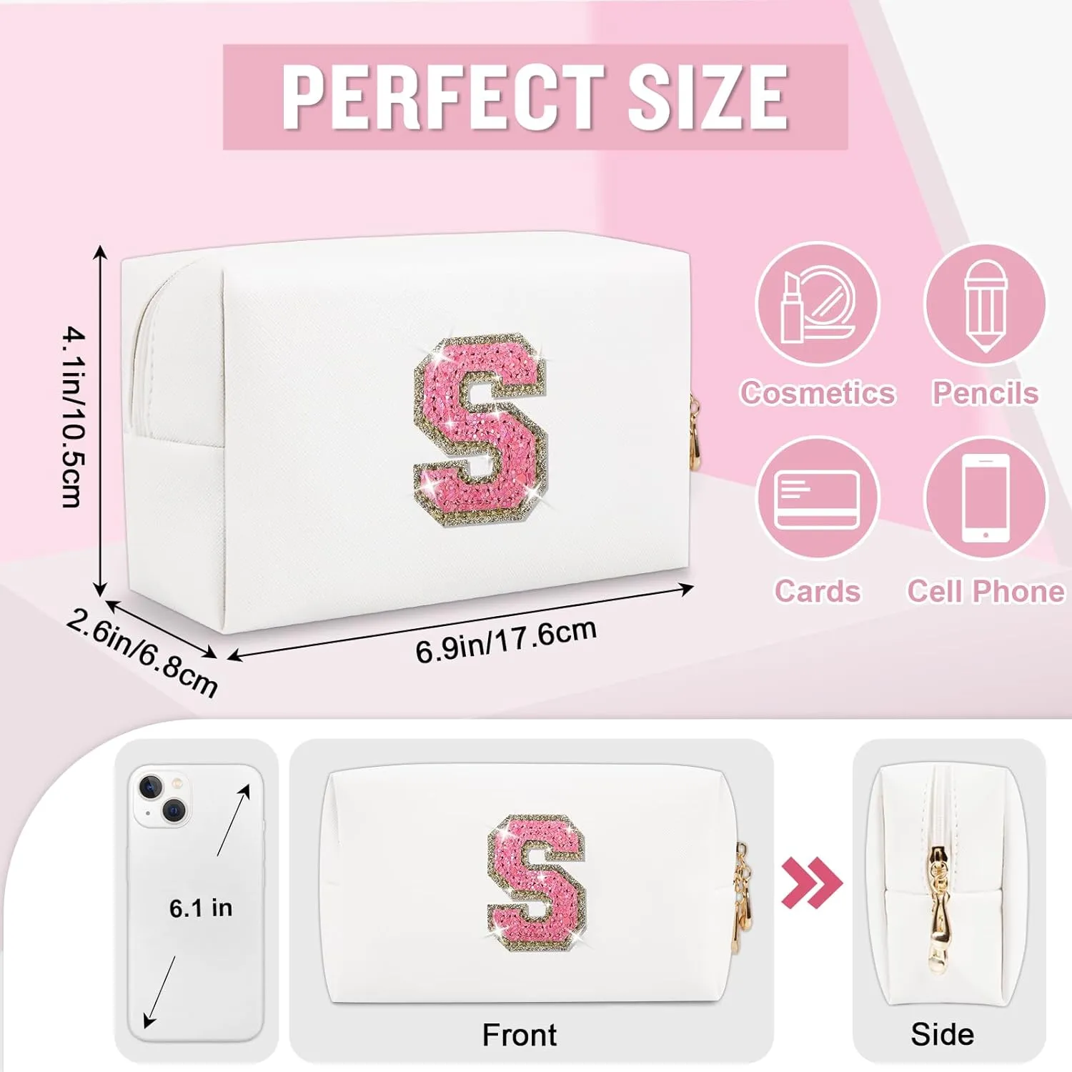 Small Personalized Initial A-Z Makeup Bag, Preppy Cute White PU Leather Glitter Letter Cosmetic Zipper Pouch, Waterproof Travel Toiletry Storage Monogram Make Up Bag Mother's Day Gift for Women Girl,S