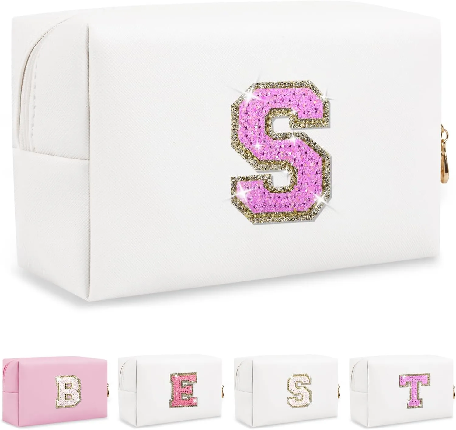 Small Personalized Initial A-Z Makeup Bag, Preppy Cute White PU Leather Glitter Letter Cosmetic Zipper Pouch, Waterproof Travel Toiletry Storage Monogram Make Up Bag Mother's Day Gift for Women Girl,S