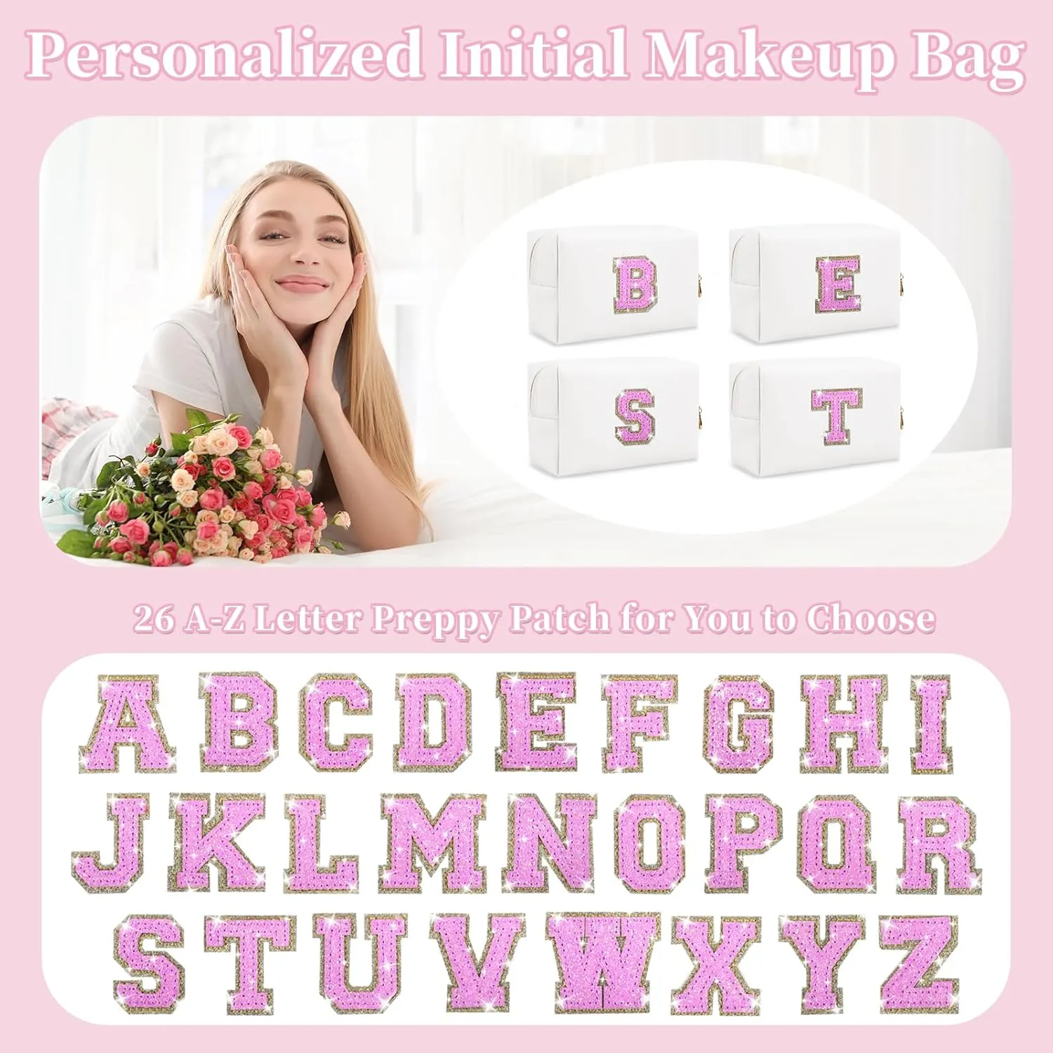 Small Personalized Initial A-Z Makeup Bag, Preppy Cute White PU Leather Glitter Letter Cosmetic Zipper Pouch, Waterproof Travel Toiletry Storage Monogram Make Up Bag Mother's Day Gift for Women Girl,S