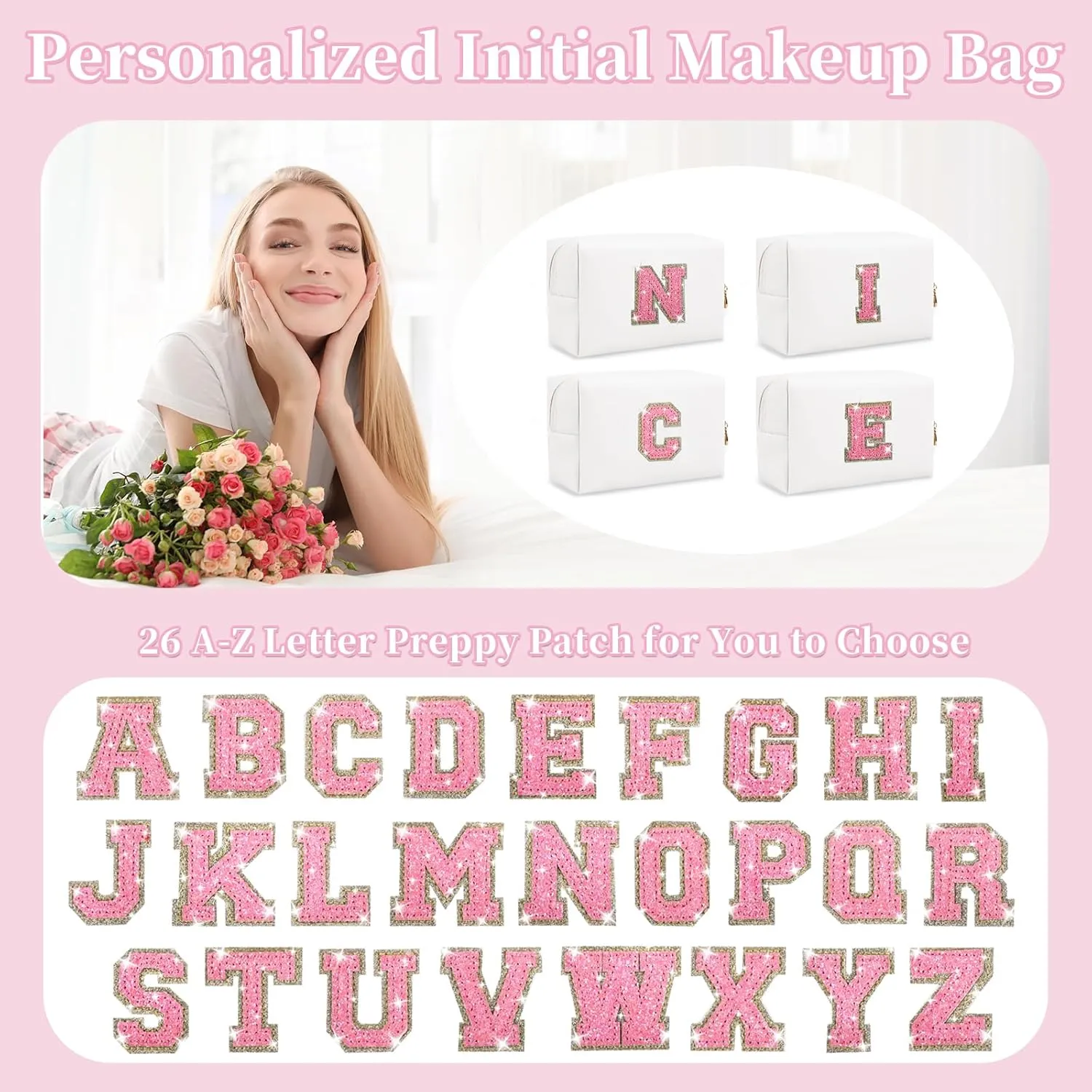 Small Personalized Initial A-Z Makeup Bag, Preppy Cute White PU Leather Glitter Letter Cosmetic Zipper Pouch, Waterproof Travel Toiletry Storage Monogram Make Up Bag Mother's Day Gift for Women Girl,S