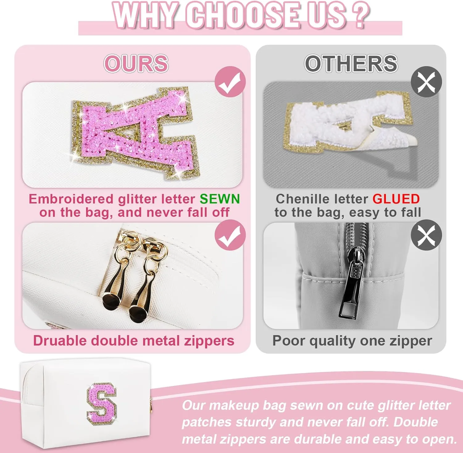 Small Personalized Initial A-Z Makeup Bag, Preppy Cute White PU Leather Glitter Letter Cosmetic Zipper Pouch, Waterproof Travel Toiletry Storage Monogram Make Up Bag Mother's Day Gift for Women Girl,S