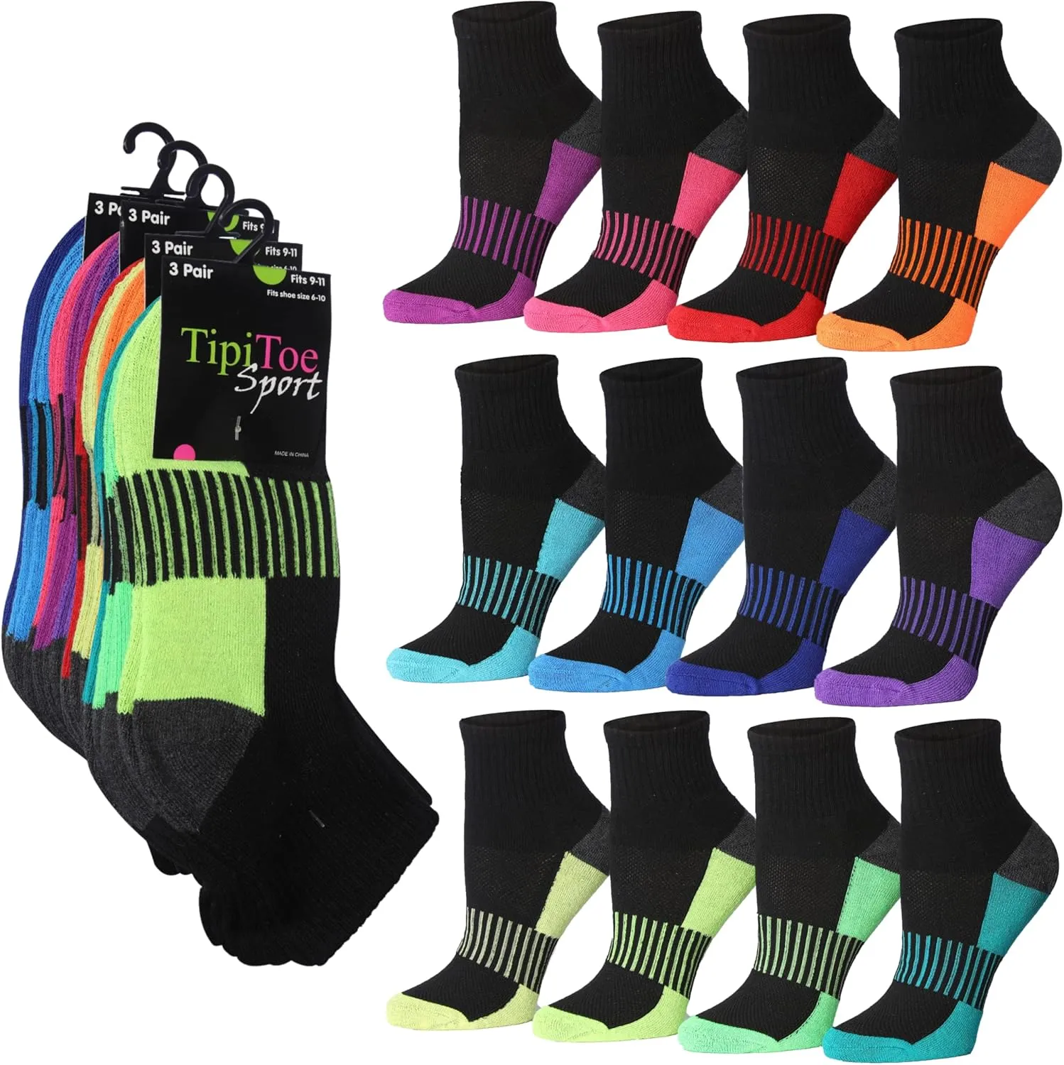 Tipi Toe Women's 12-Pairs Running & Athletic Sports Performance Ankle/Quarter Socks