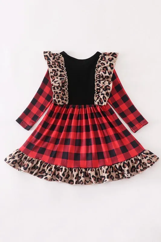 Toddler & Girls Red Plaid & Lepord Santa Dress