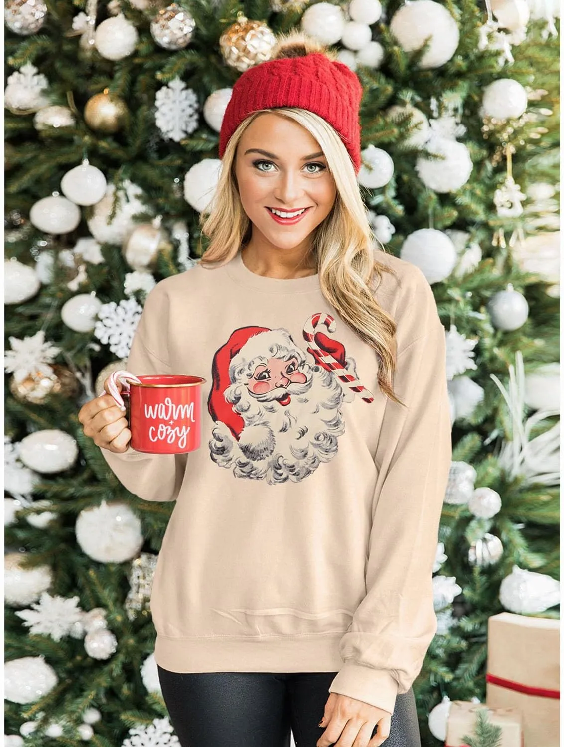 Women Christmas Sweatshirt Retro Santa Claus Graphic Pullover Vintage Crewneck Long Sleeve Casual Xmas Holidays Tops