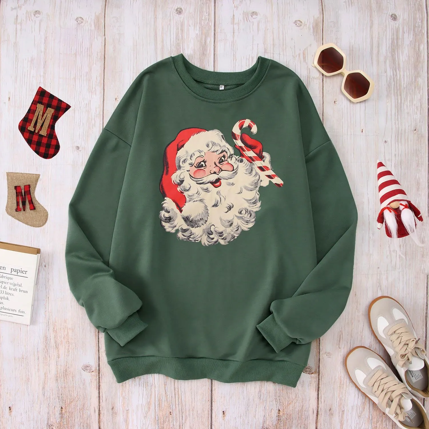 Women Christmas Sweatshirt Retro Santa Claus Graphic Pullover Vintage Crewneck Long Sleeve Casual Xmas Holidays Tops