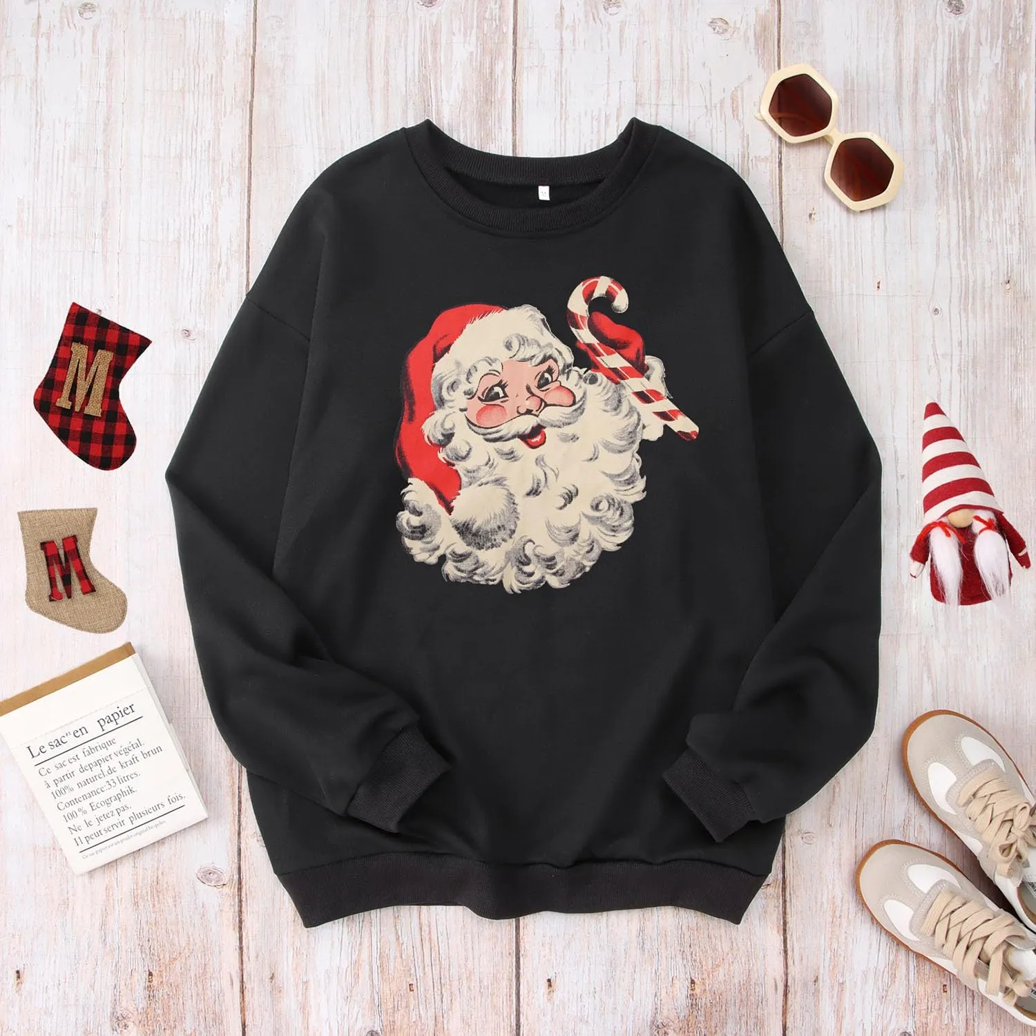 Women Christmas Sweatshirt Retro Santa Claus Graphic Pullover Vintage Crewneck Long Sleeve Casual Xmas Holidays Tops