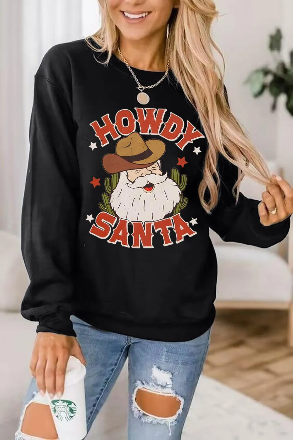 Women Christmas Sweatshirt Retro Santa Claus Graphic Pullover Vintage Crewneck Long Sleeve Casual Xmas Holidays Tops