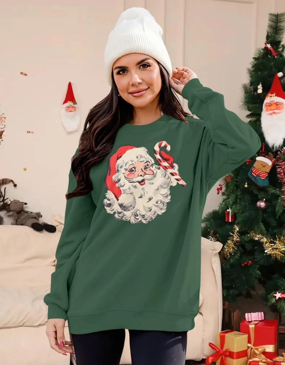 Women Christmas Sweatshirt Retro Santa Claus Graphic Pullover Vintage Crewneck Long Sleeve Casual Xmas Holidays Tops