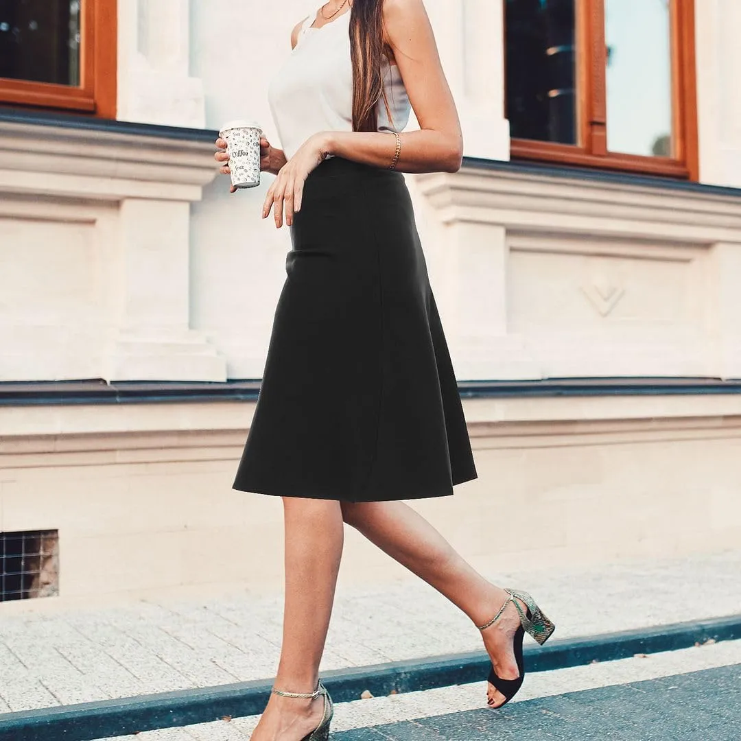 Women’s A-Line Circle Skater Knee Length Skirt- Elastic Waist Business Office Skirt