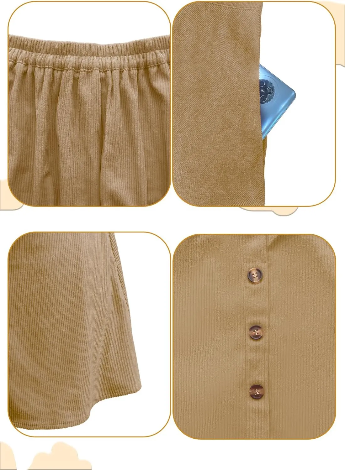 Women’s Button Front Mini Skirt A-line Pleated Corduroy Skater Skirts for Women with Pocket
