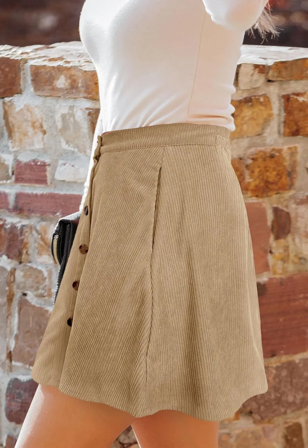 Women’s Button Front Mini Skirt A-line Pleated Corduroy Skater Skirts for Women with Pocket