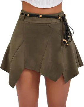 Women's Faux Suede Mini Skirt A Line Asymmetrical Flowy Puffle Skater Skirts