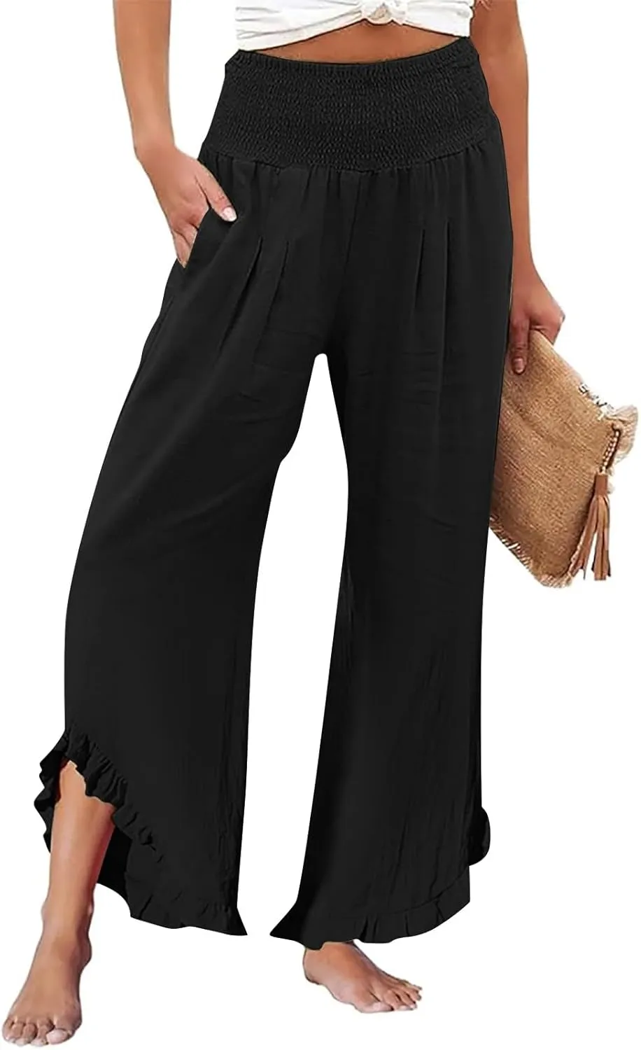 Women's Linen Pants 2025 Summer Smocked Waist Ruffle Pants Boho Casual Loose Beach Trousers