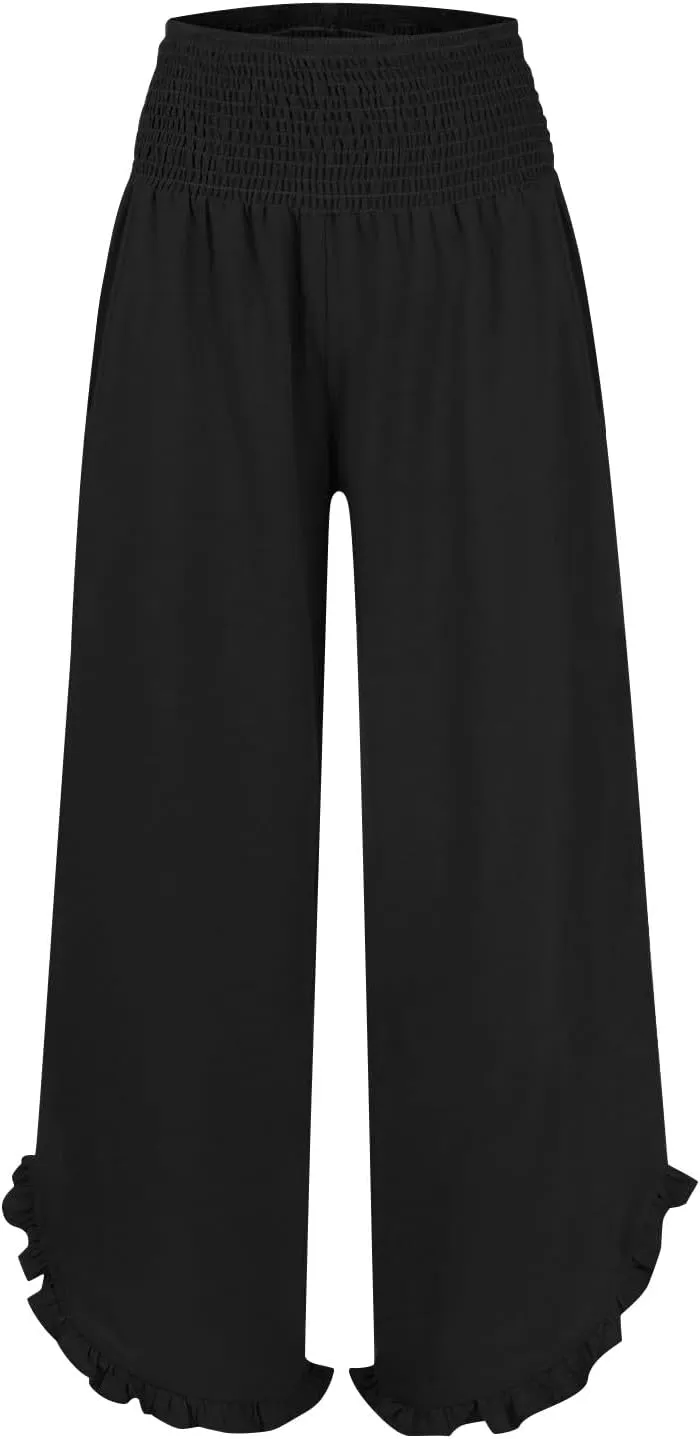 Women's Linen Pants 2025 Summer Smocked Waist Ruffle Pants Boho Casual Loose Beach Trousers