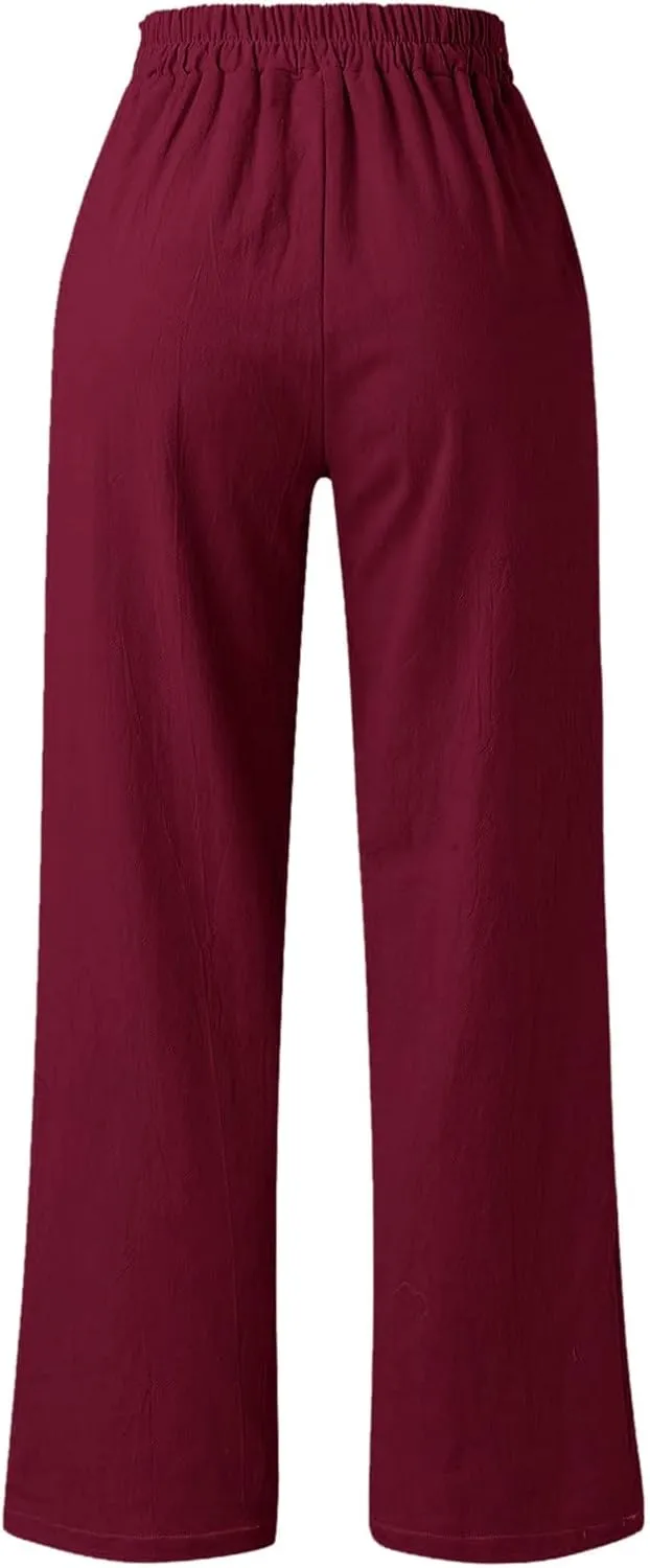 Women's Linen Wide Leg Pants High Waist Casual Long Lounge Adjustable Tie Business Casual Tie Knot Trousers Plus Size