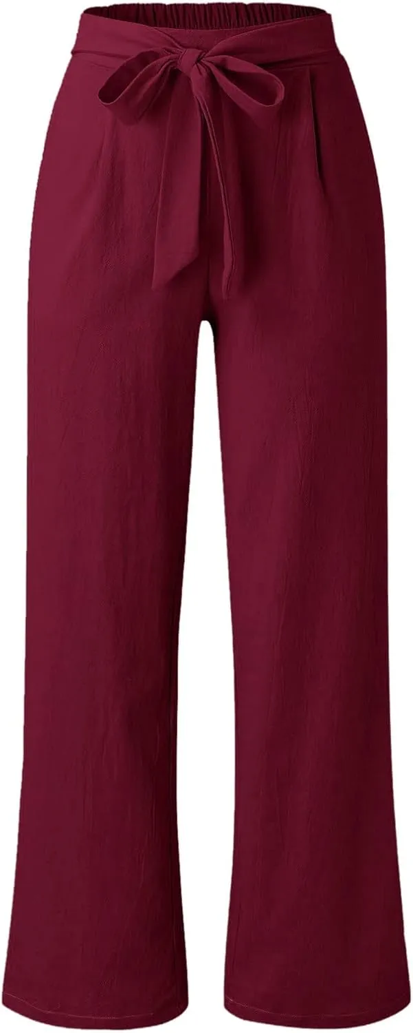 Women's Linen Wide Leg Pants High Waist Casual Long Lounge Adjustable Tie Business Casual Tie Knot Trousers Plus Size