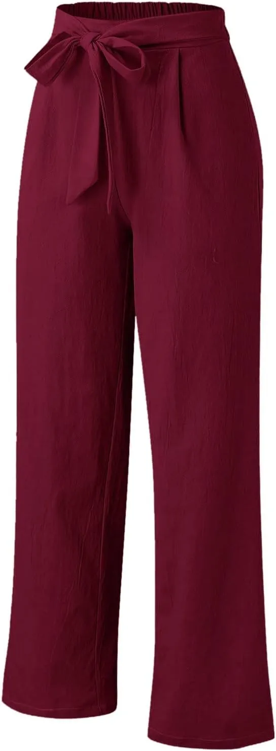 Women's Linen Wide Leg Pants High Waist Casual Long Lounge Adjustable Tie Business Casual Tie Knot Trousers Plus Size