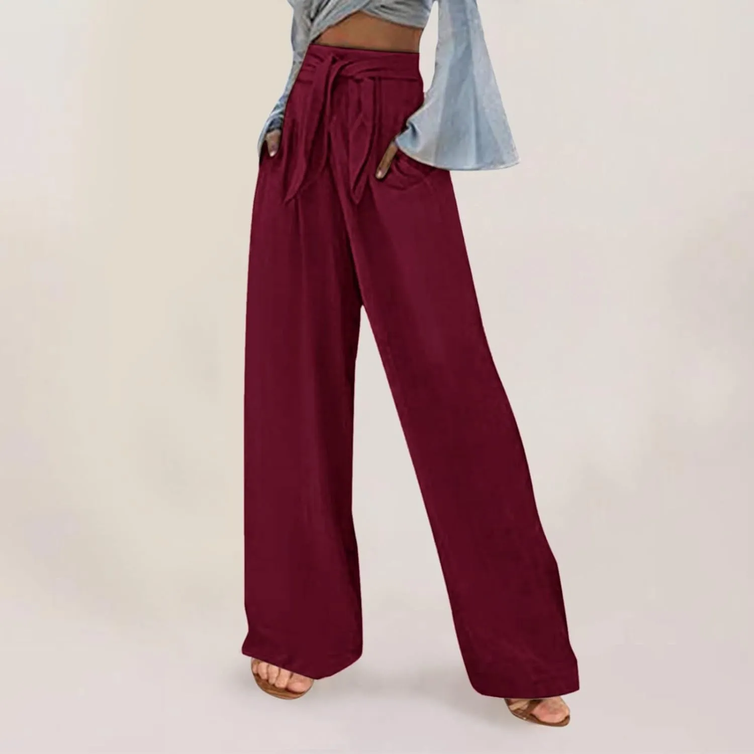 Women's Linen Wide Leg Pants High Waist Casual Long Lounge Adjustable Tie Business Casual Tie Knot Trousers Plus Size