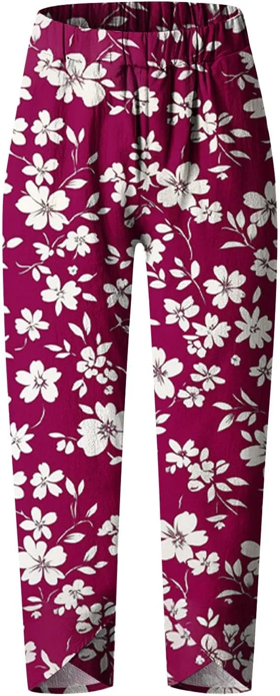 Womens Plus Size Capri Pants Trendy Floral Print Summer Capris Tulip Hem Casual Cropped Pants Elastic Waist Joggers