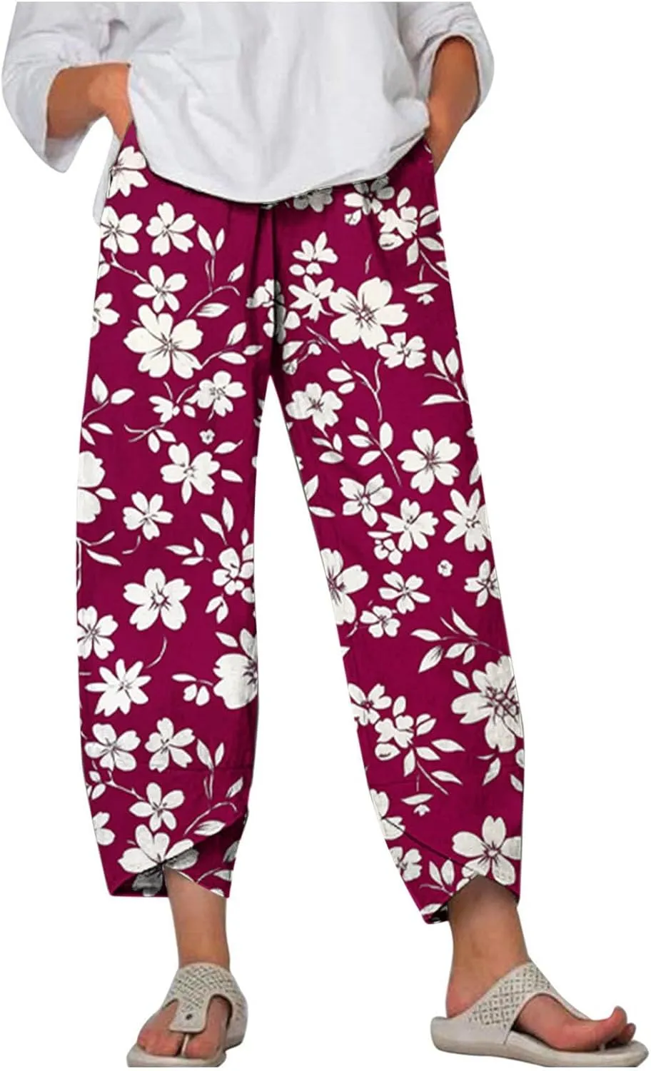 Womens Plus Size Capri Pants Trendy Floral Print Summer Capris Tulip Hem Casual Cropped Pants Elastic Waist Joggers