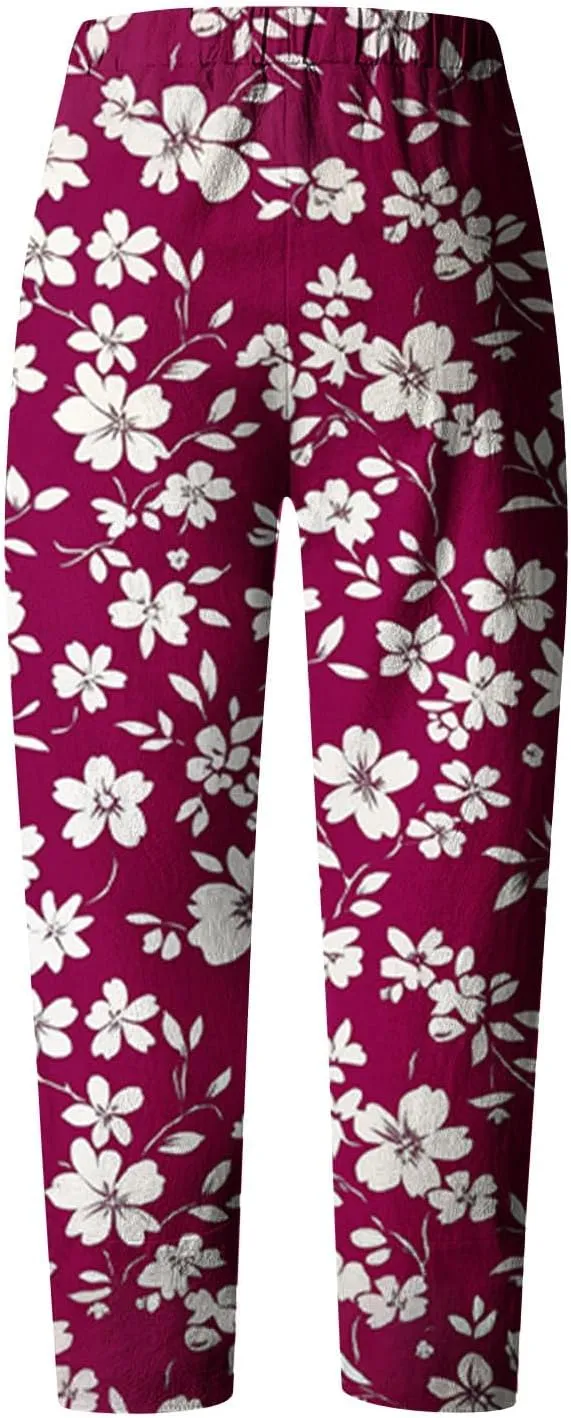 Womens Plus Size Capri Pants Trendy Floral Print Summer Capris Tulip Hem Casual Cropped Pants Elastic Waist Joggers