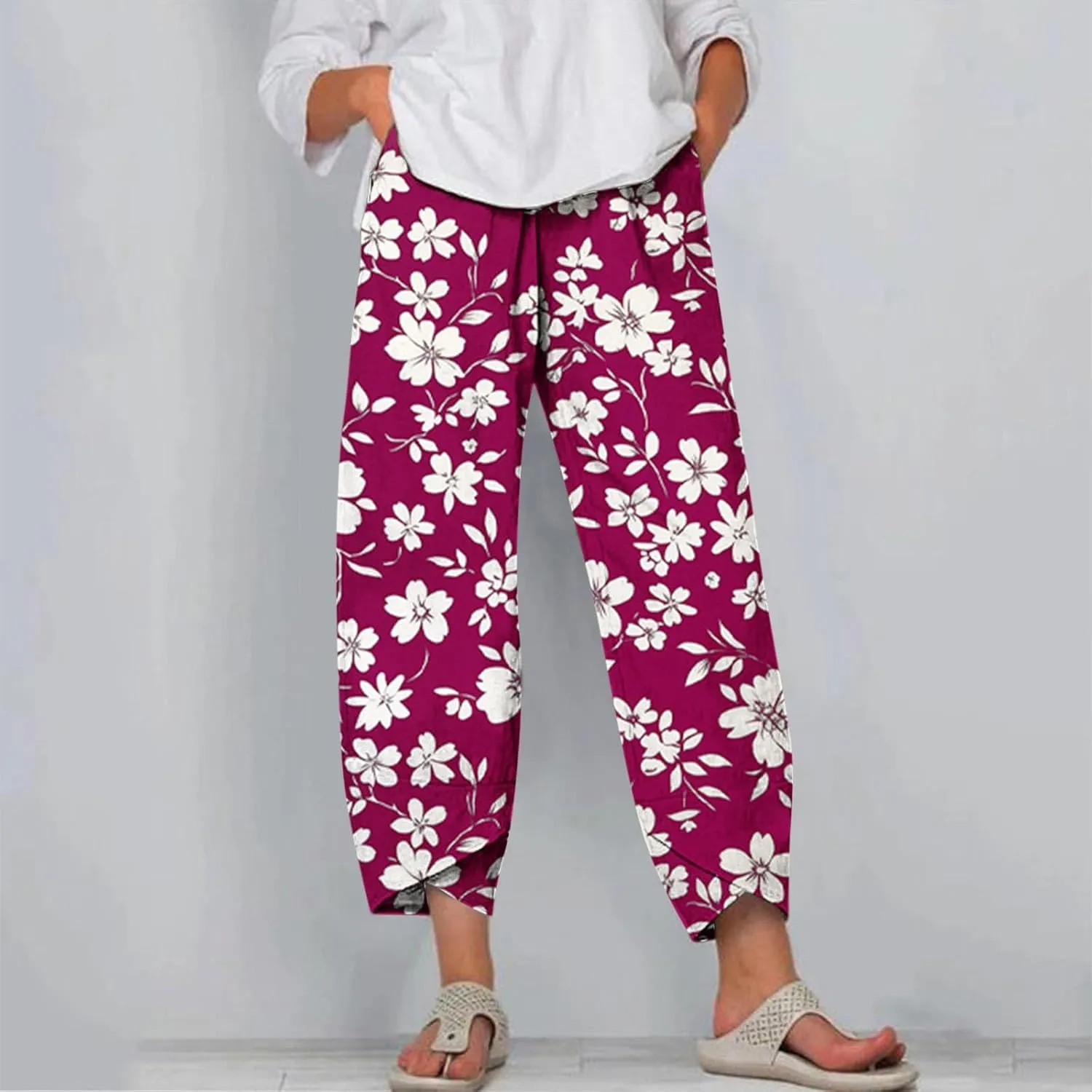 Womens Plus Size Capri Pants Trendy Floral Print Summer Capris Tulip Hem Casual Cropped Pants Elastic Waist Joggers