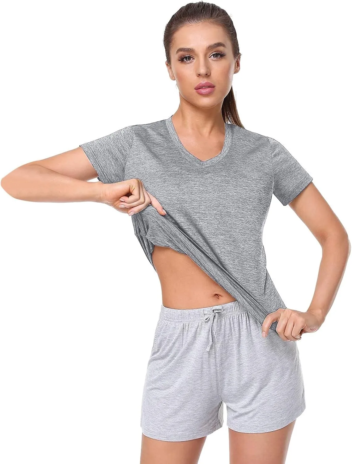 Womens Short Sleeve Athletic T-Shirt Moisture Wicking Sports V-Neck Tee Gym Yoga Running Stretch Quick Dry Tunic Tops