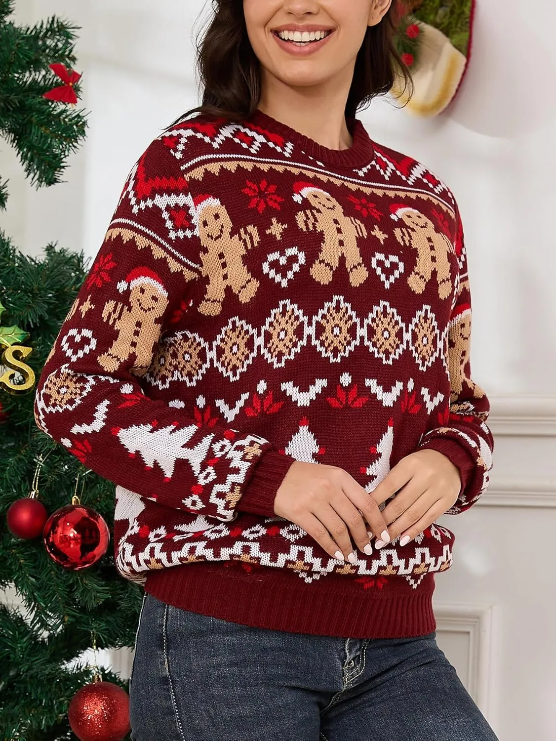 YIJIU Ugly Christmas Sweaters for Women Holiday Funny Novelty Reindeer Long Sleeve Knitted Pullover Sweater Top