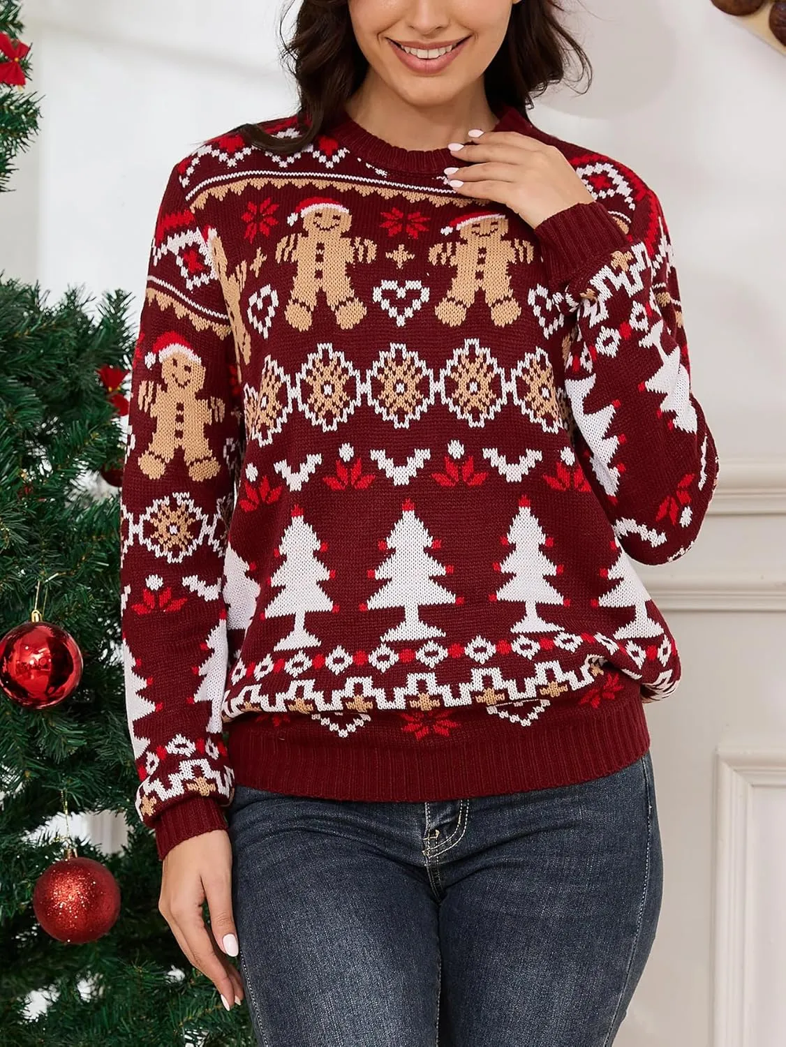 YIJIU Ugly Christmas Sweaters for Women Holiday Funny Novelty Reindeer Long Sleeve Knitted Pullover Sweater Top