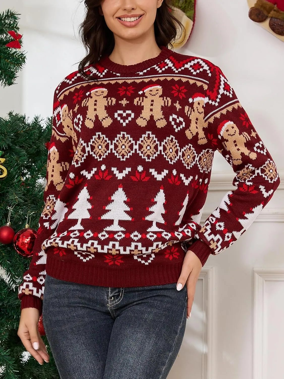 YIJIU Ugly Christmas Sweaters for Women Holiday Funny Novelty Reindeer Long Sleeve Knitted Pullover Sweater Top