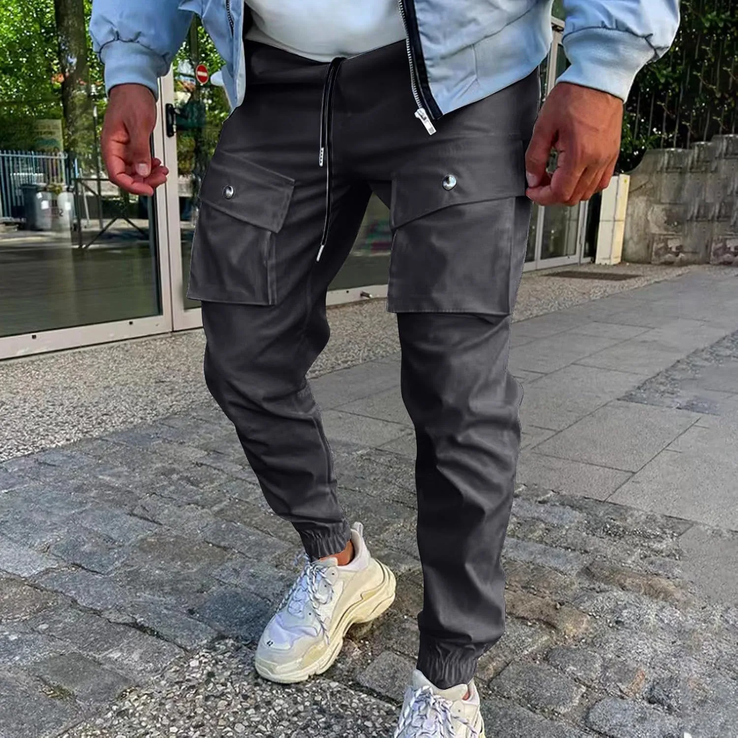 YUHGODO Men's Casual Mid-Rise Waist Tapered Leg Pants Drawstring Outdoor Running Jogger Cargo Pants with Multi Pockets