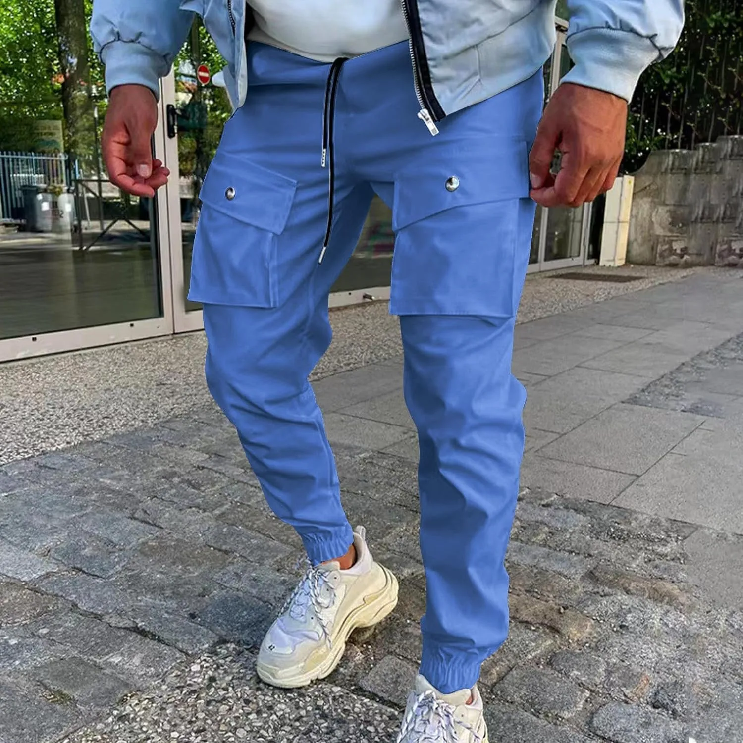 YUHGODO Men's Casual Mid-Rise Waist Tapered Leg Pants Drawstring Outdoor Running Jogger Cargo Pants with Multi Pockets