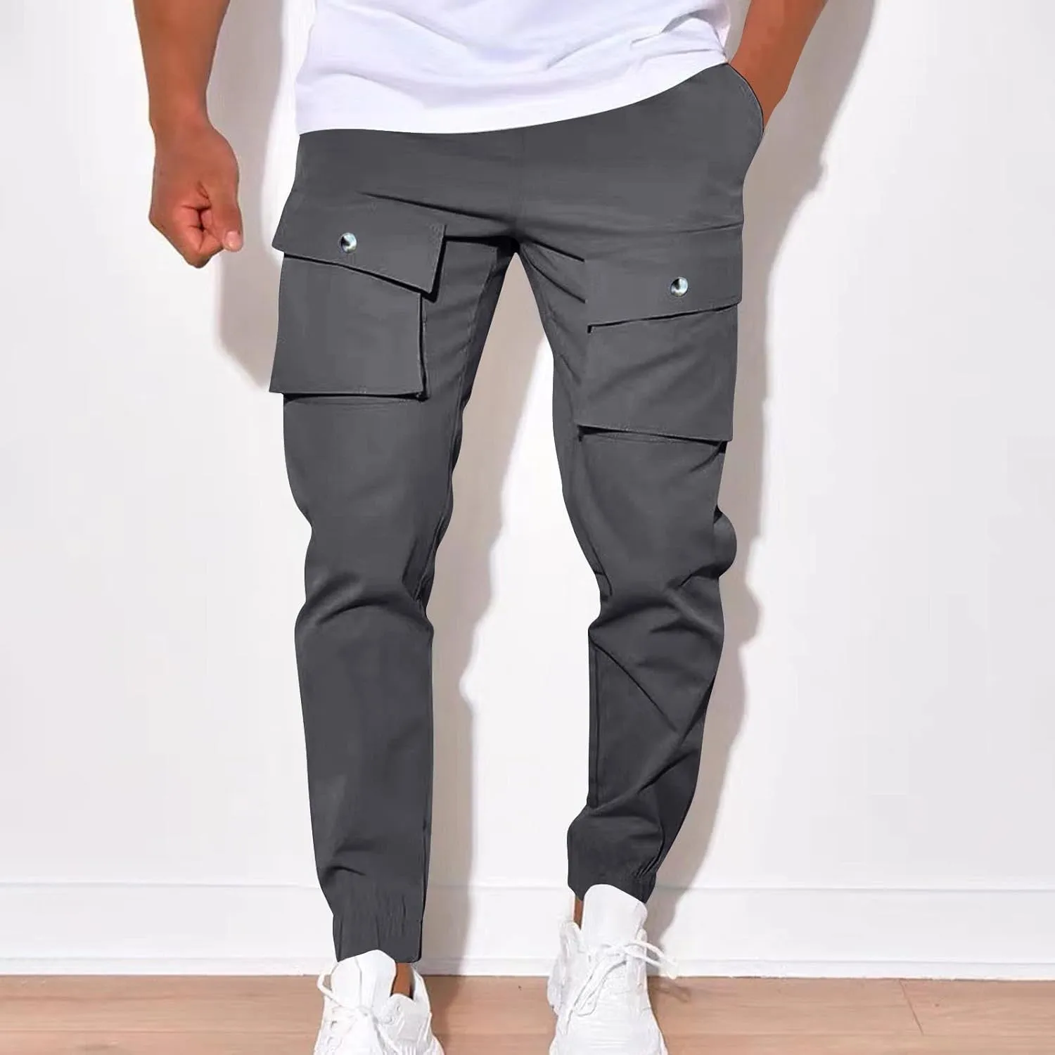 YUHGODO Men's Casual Mid-Rise Waist Tapered Leg Pants Drawstring Outdoor Running Jogger Cargo Pants with Multi Pockets