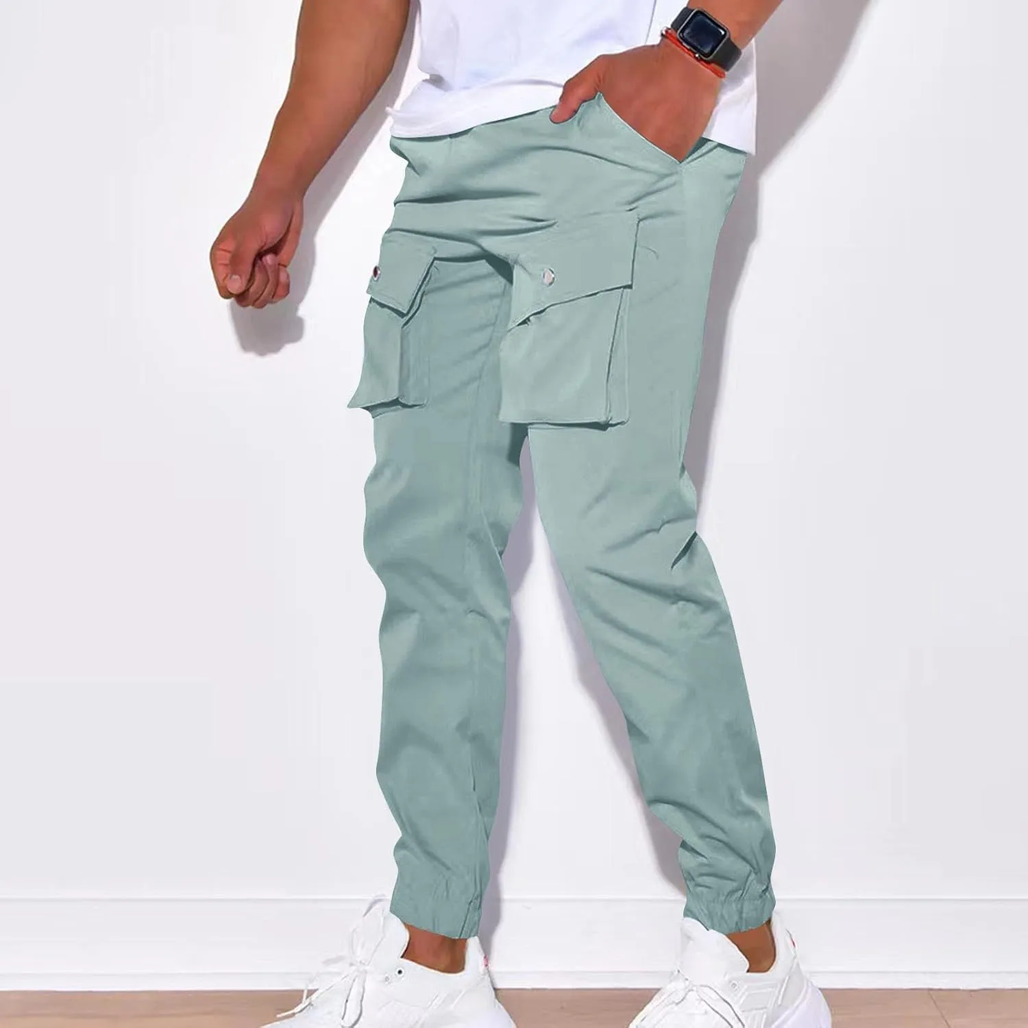 YUHGODO Men's Casual Mid-Rise Waist Tapered Leg Pants Drawstring Outdoor Running Jogger Cargo Pants with Multi Pockets