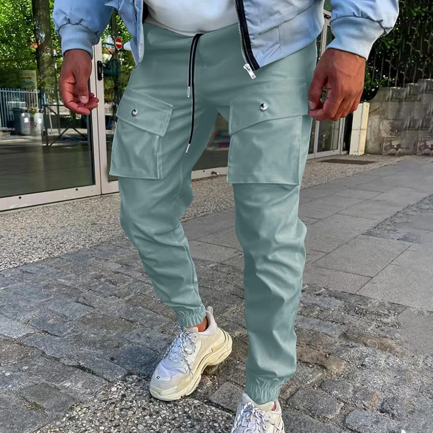 YUHGODO Men's Casual Mid-Rise Waist Tapered Leg Pants Drawstring Outdoor Running Jogger Cargo Pants with Multi Pockets