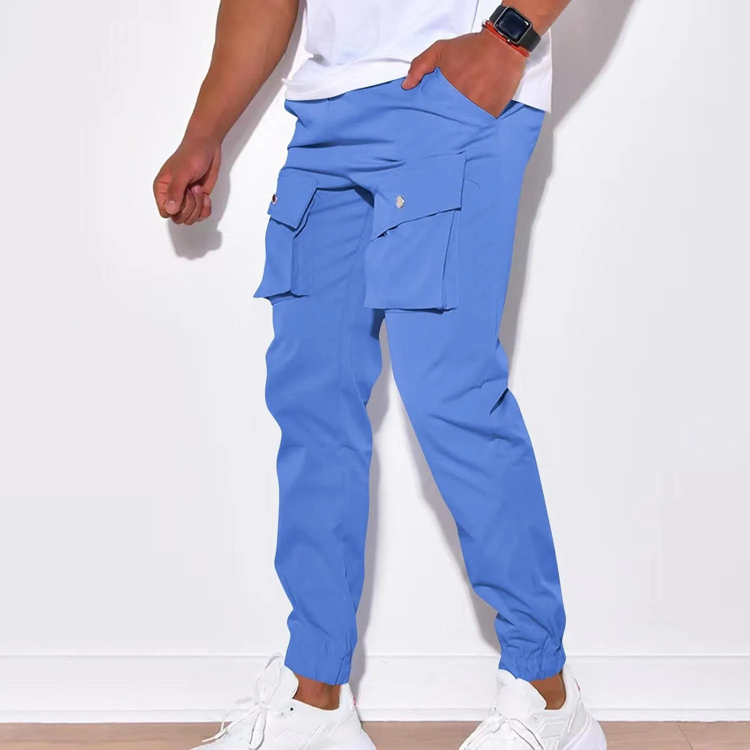 YUHGODO Men's Casual Mid-Rise Waist Tapered Leg Pants Drawstring Outdoor Running Jogger Cargo Pants with Multi Pockets