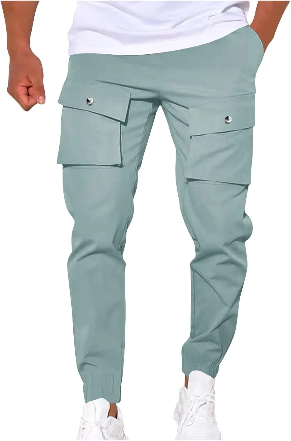 YUHGODO Men's Casual Mid-Rise Waist Tapered Leg Pants Drawstring Outdoor Running Jogger Cargo Pants with Multi Pockets
