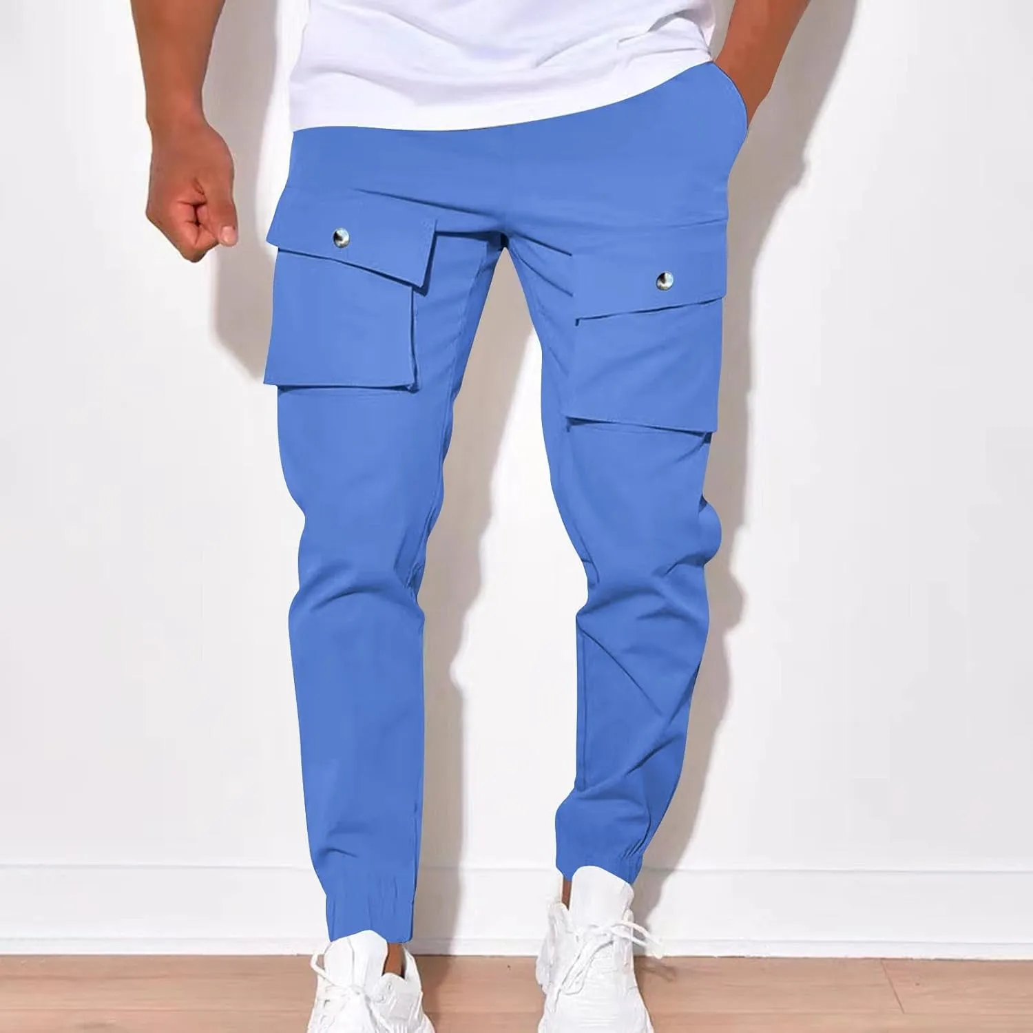 YUHGODO Men's Casual Mid-Rise Waist Tapered Leg Pants Drawstring Outdoor Running Jogger Cargo Pants with Multi Pockets
